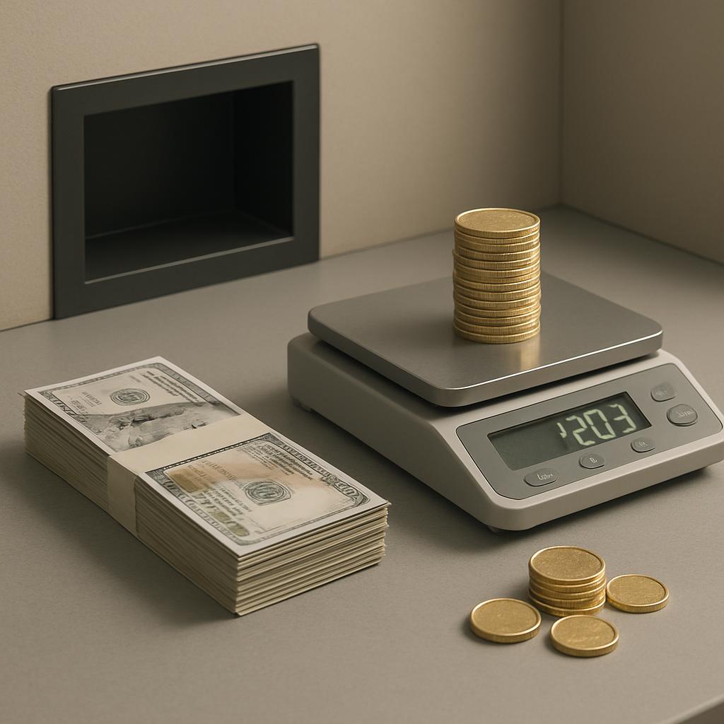 A digital scale with stacks of US currency and foreign coins in front of it.