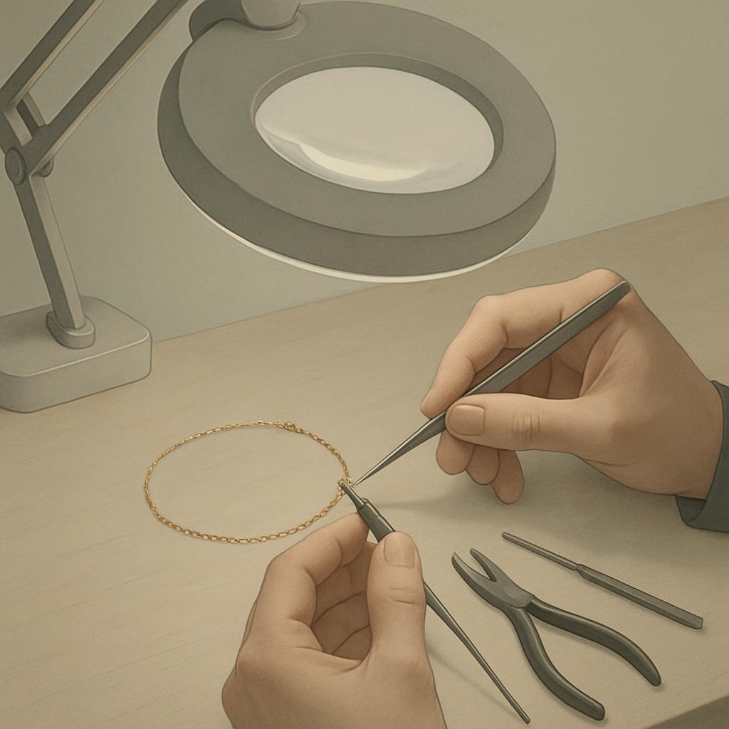 Hands holding silver metal pliers on a beige workbench working on a gold chain bracelet fashion illustrations apparel tech...