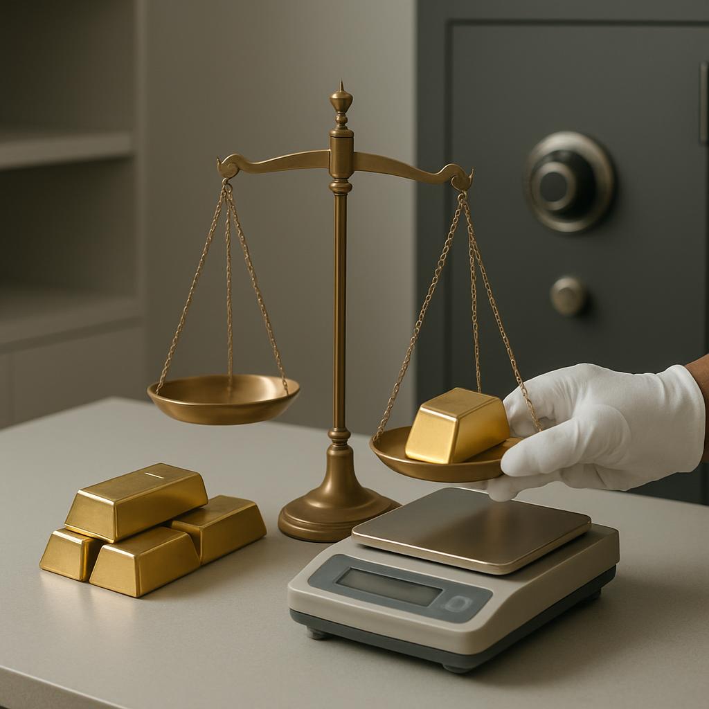 The alt text for this image is 'Gold Bar Weighing Scene.'
