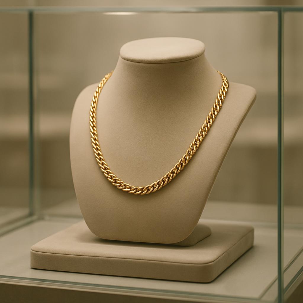 A close-up photograph of a gold chain necklace displayed on a beige jewelry bust in a glass display case, with the chrome ...